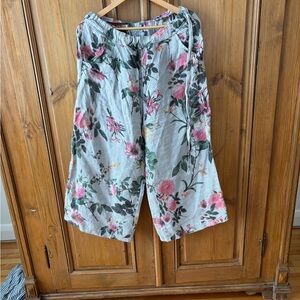 Floral Wide-Leg Linen Pants - Pink & Green on Light Blue Stripes